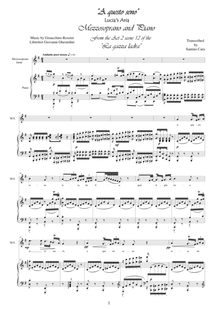 Rossini La Gazza Ladra Act 2 A Questo Seno Mezzo Soprano And Piano Sheet Music