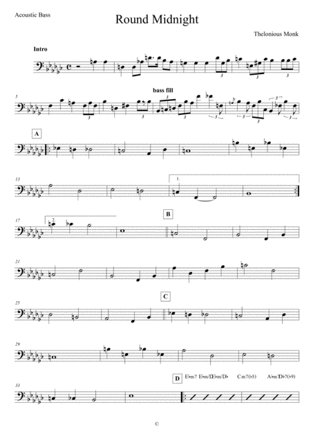 Free Sheet Music Round Midnight Acoustic Bass