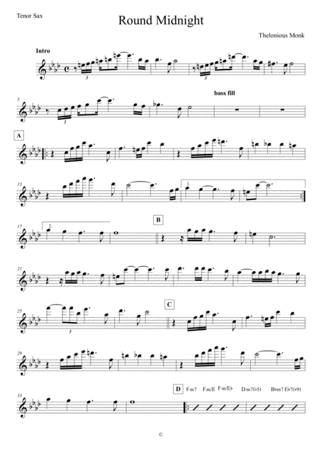 Round Midnight Tenor Sax Sheet Music