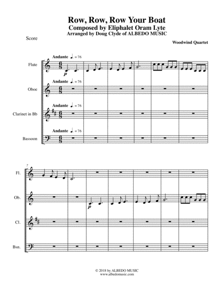 Free Sheet Music Row Row Row Your Boat For Woodwind Quartet