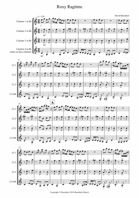 Roxy Ragtime For Clarinet Quartet Sheet Music