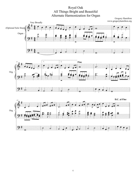 Free Sheet Music Royal Oak All Things Bright And Beautiful Alternate Harmonization For Organ
