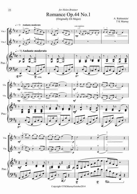 Rubinstein Romance Op44 No1 2 Violins Violin Duo Violin Group Piano Sheet Music