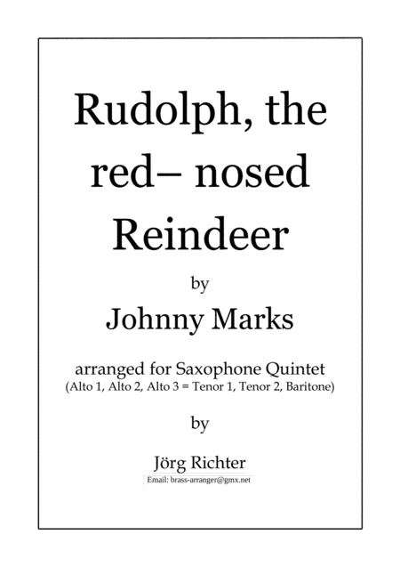 Rudolph The Red Nosed Reindeer For Saxophone Quintet Sheet Music