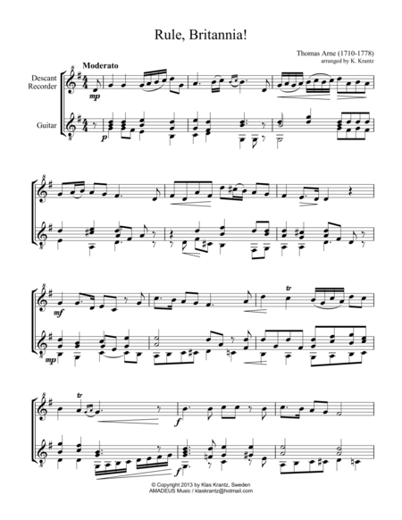 Rule Britannia For Descant Recorder And Guitar Sheet Music