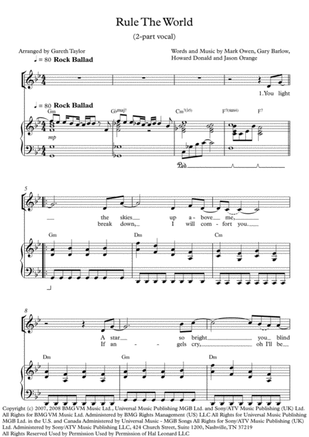 Rule The World 2 Part Vocal Piano Chords In Lower Key Sheet Music