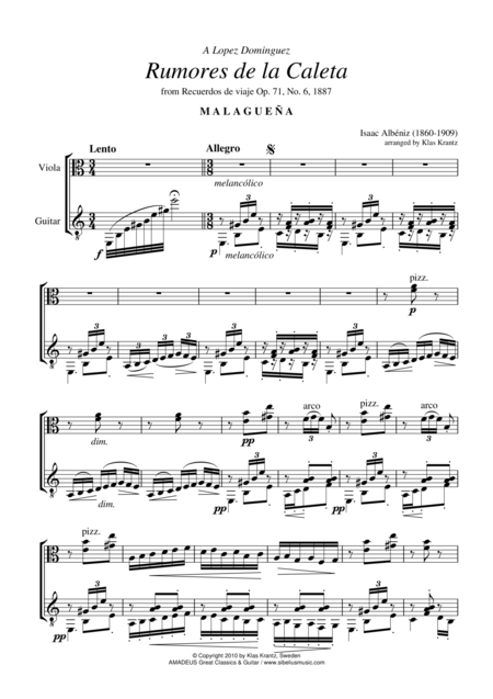 Rumores De La Caleta Op 71 No 6 For Viola And Guitar Sheet Music