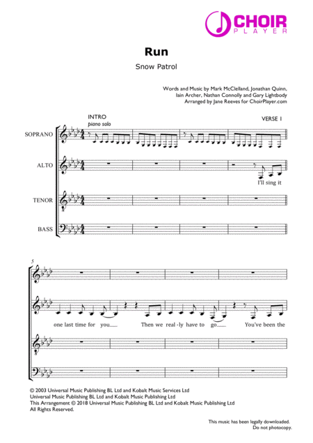 Run Snow Patrol Satb Arr Jane Reeves Sheet Music