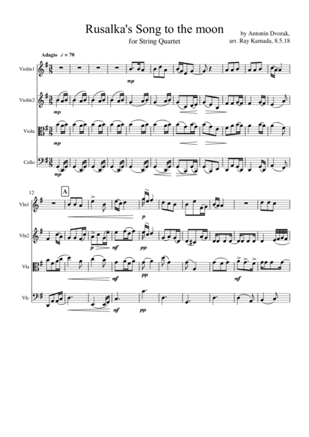 Rusalkas Song To The Moon A Dvorak Aria For String Quartet Sheet Music