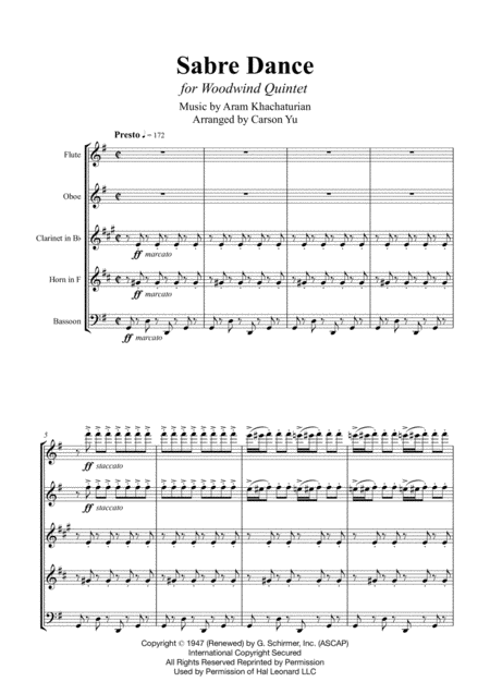 Sabre Dance For Woodwind Quintet Sheet Music