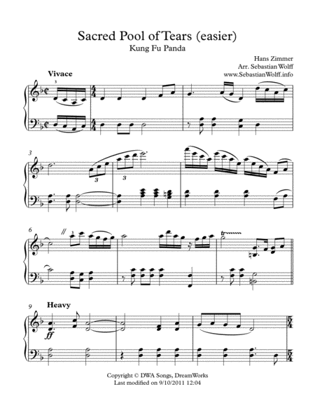 Sacred Pool Of Tears From Kung Fu Panda Intermediate Piano Arrangement Sheet Music