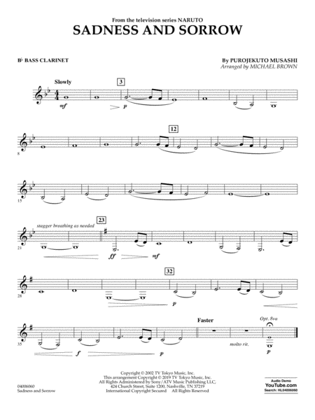 Sadness And Sorrow From Naruto Arr Michael Brown Bb Bass Clarinet Sheet Music