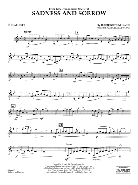 Sadness And Sorrow From Naruto Arr Michael Brown Bb Clarinet 1 Sheet Music