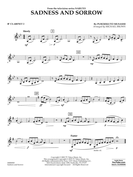 Sadness And Sorrow From Naruto Arr Michael Brown Bb Clarinet 2 Sheet Music