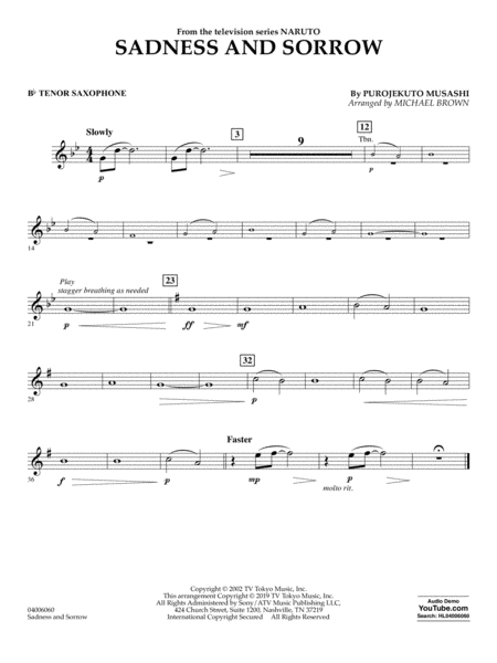 Sadness And Sorrow From Naruto Arr Michael Brown Bb Tenor Saxophone Sheet Music