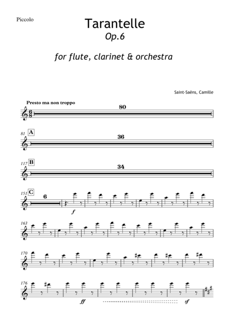 Saent Sains Saent Sains Tarantelle For Flute Clarinet And Orchestra Op 6 Parts Sheet Music