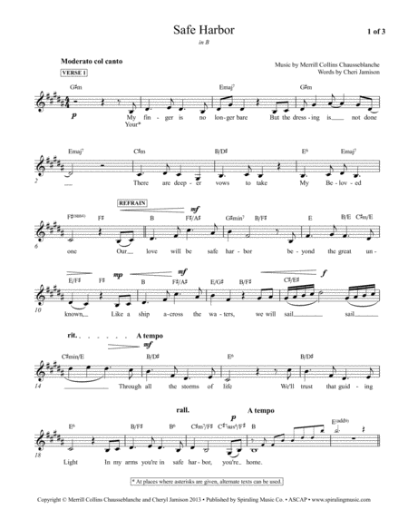 Free Sheet Music Safe Harbor In B Piano Vocal Lead Sheet