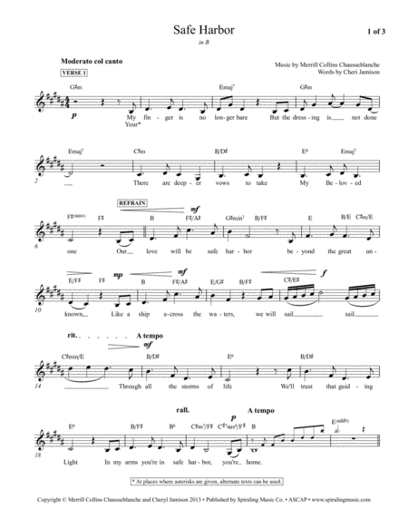 Safe Harbor In B Piano Vocal Lead Sheet Sheet Music