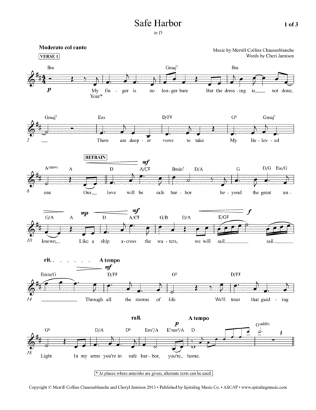 Safe Harbor Vocal Piano Lead Sheet In D Sheet Music