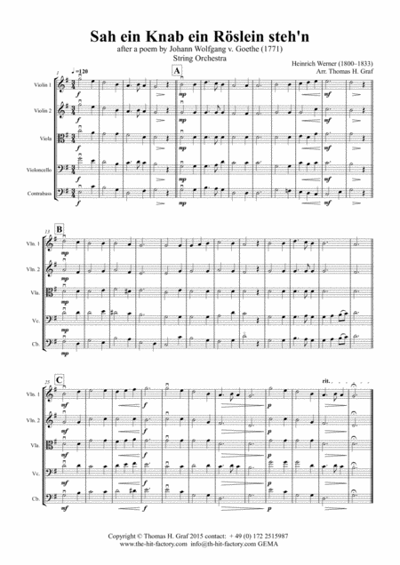 Free Sheet Music Sah Ein Knab Ein Roeslein Stehn German Folk Song String Orchestra
