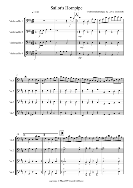 Sailors Hornpipe For Cello Quartet Sheet Music