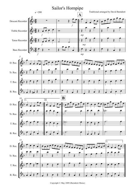 Free Sheet Music Sailors Hornpipe For Recorder Quartet