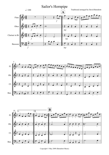 Free Sheet Music Sailors Hornpipe For Wind Quartet