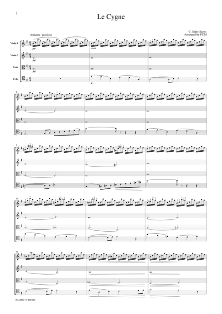 Free Sheet Music Saint Saens Le Cygne The Swan For String Quartet Cs401