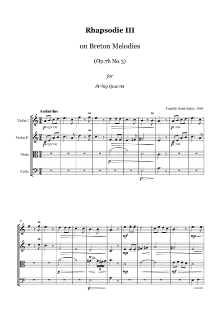 Saint Saens Rhapsodie Iii On Breton Melodies Op 7 No 3 String Quartet Score And Parts Sheet Music