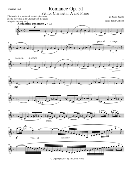 Saint Saens Romance Op 51 Set For Clarinet And Piano Sheet Music