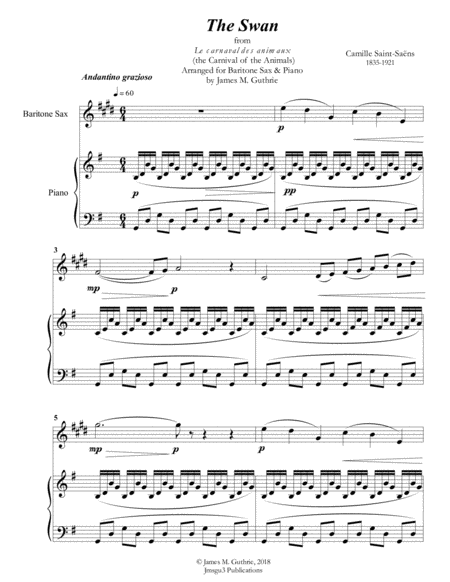 Saint Saens The Swan For Baritone Sax Piano Sheet Music