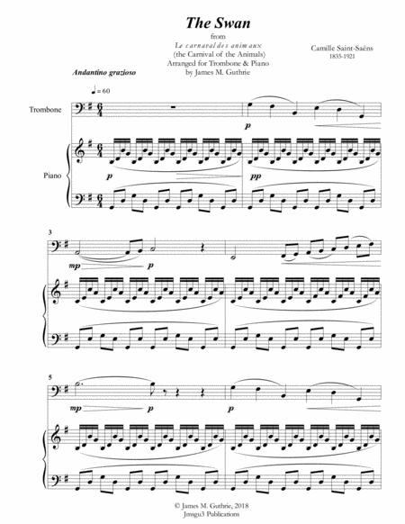 Saint Saens The Swan For Trombone Piano Sheet Music