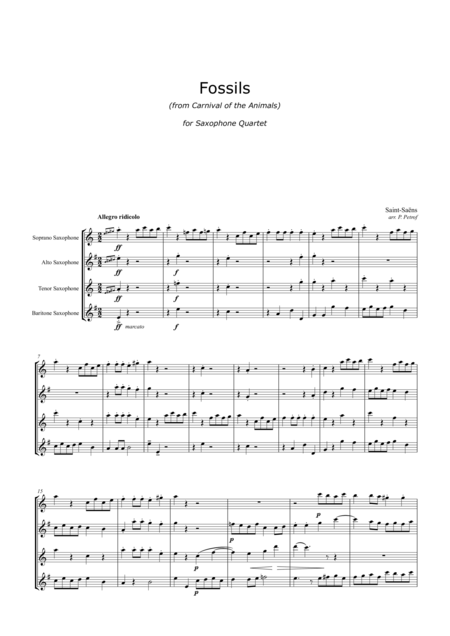 Free Sheet Music Saint Sans Fossils From Carnival Of The Animals Saxophone Quartet