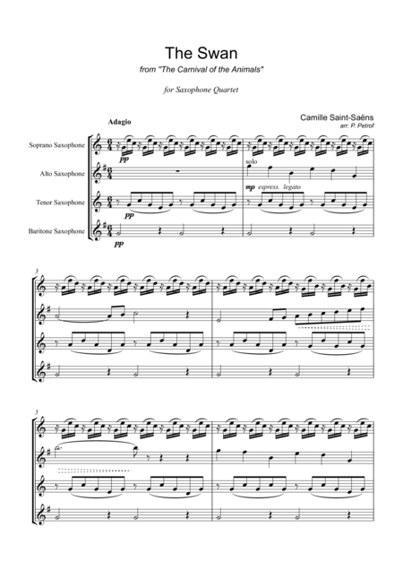 Free Sheet Music Saint Sans The Swan From Carnival Of The Animals Saxophone Quartet