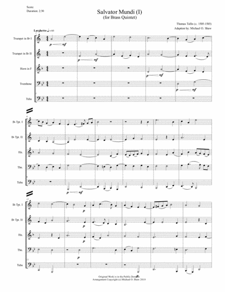 Free Sheet Music Salvator Mundi 1 By Thomas Tallis For Brass Quintet 2tmp Hn Tbn And Tuba