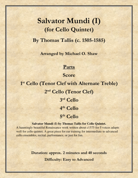 Salvator Mundi By Thomas Tallis For Cello Quintet Sheet Music