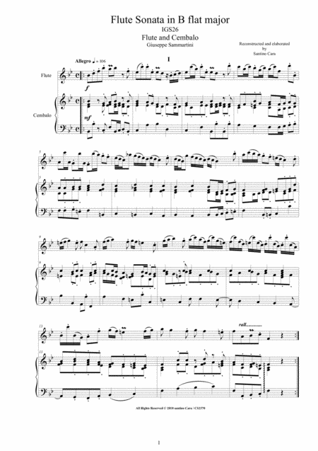 Sammartini G Flute Sonata In B Flat Major Igs26 For Flute And Cembalo Or Piano Sheet Music