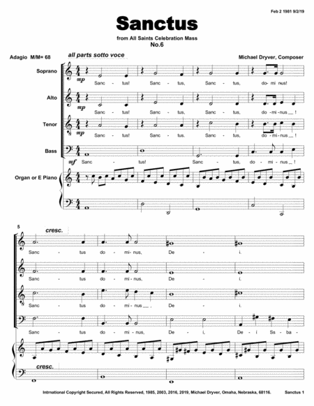 Free Sheet Music Sanctus From All Saints Celebration Mass