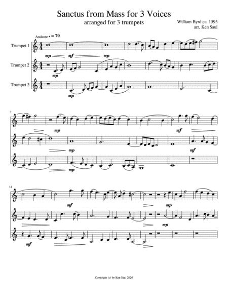 Sanctus From William Byrd 1595 Mass For 3 Voices Arr For Trumpet Trio Sheet Music