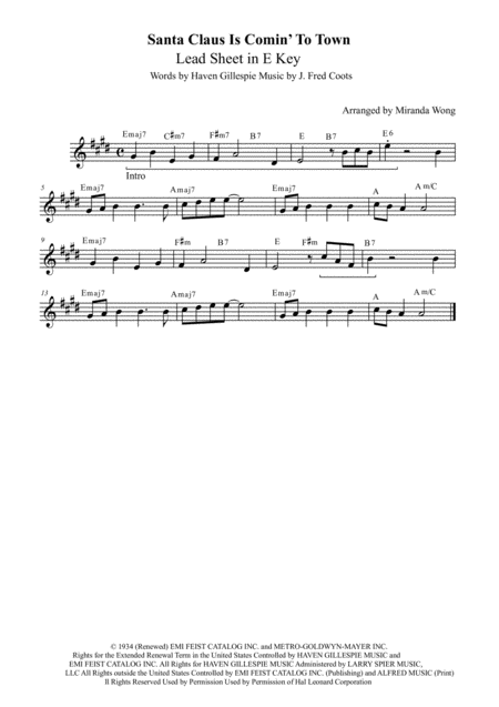 Santa Claus Is Comin To Town Alto Saxophone Solo E Key Sheet Music