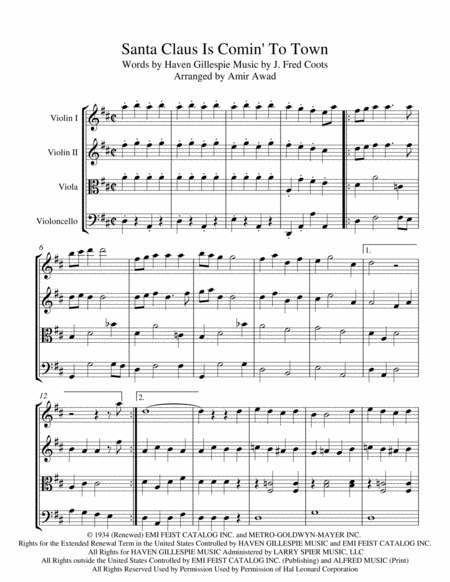 Santa Claus Is Comin To Town Arranged For String Quartet Orchestra Sheet Music