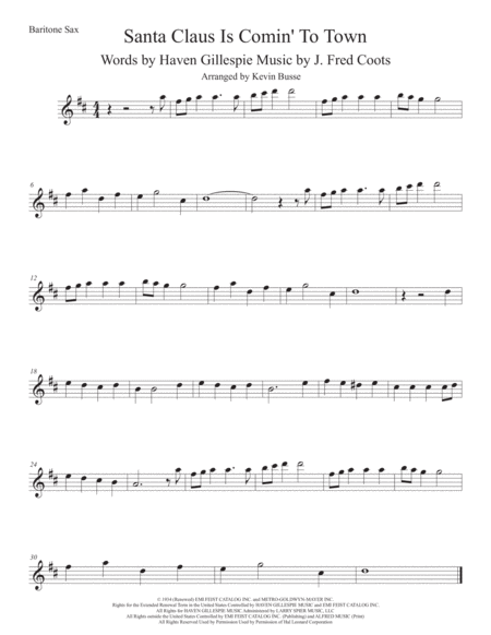 Santa Claus Is Comin To Town Bari Sax Sheet Music