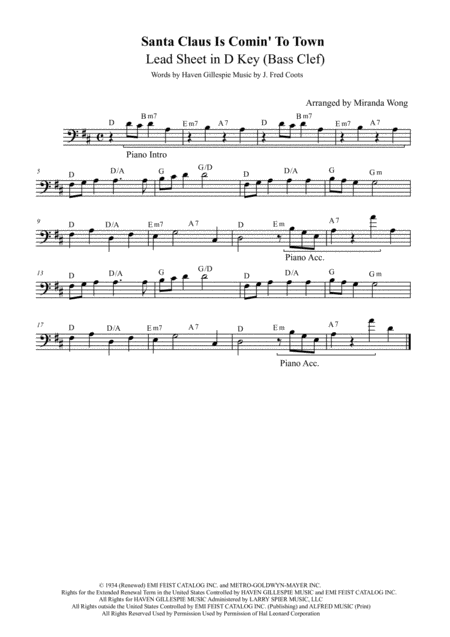 Santa Claus Is Comin To Town Bassoon Or Trombone Solo Sheet Music