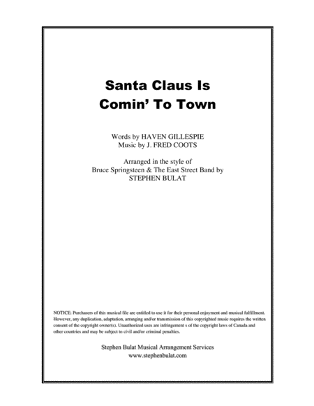 Free Sheet Music Santa Claus Is Comin To Town Bruce Springsteen Lead Sheet Rhythm Chart Key Of D