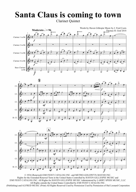 Santa Claus Is Comin To Town Christmas Classic Clarinet Quintet Sheet Music