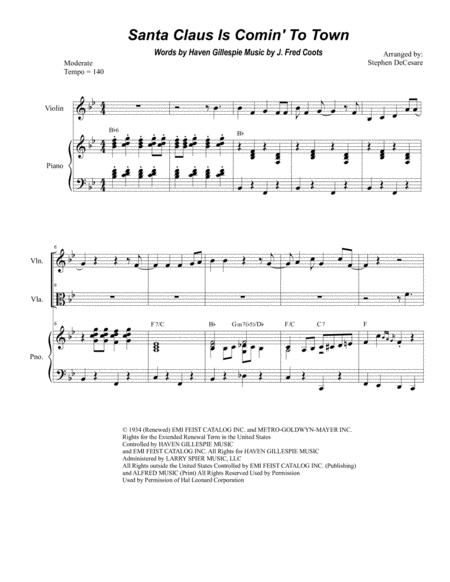 Santa Claus Is Comin To Town Duet For Violin And Viola Alternate Version Sheet Music