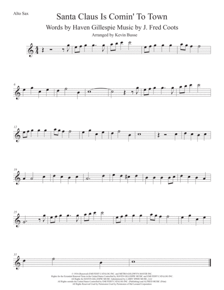 Santa Claus Is Comin To Town Easy Key Of C Alto Sax Sheet Music