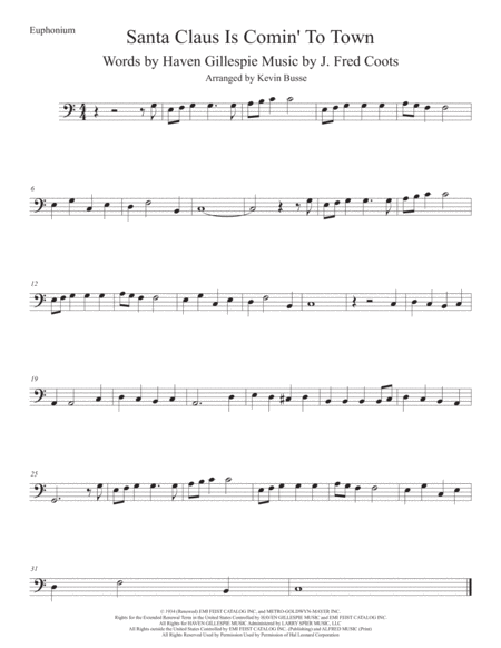 Santa Claus Is Comin To Town Easy Key Of C Euphonium Sheet Music