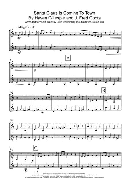 Free Sheet Music Santa Claus Is Comin To Town For Violin Duet