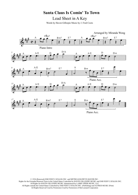 Santa Claus Is Comin To Town Lead Sheet In A Key With Chords Sheet Music